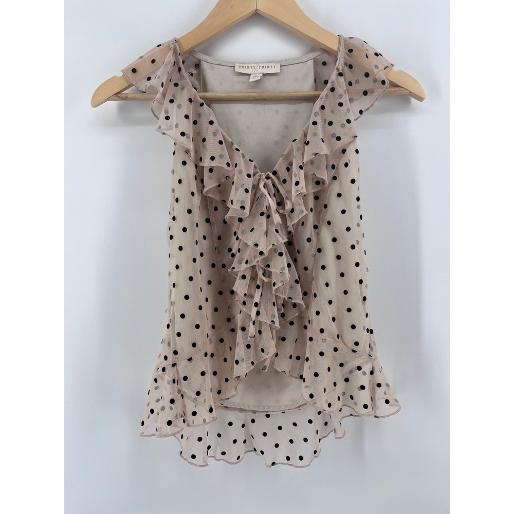 Womens Polka Dot Mesh Ruffle V-Neck Sleeveless Top M Chic Boho Dressy Night Out